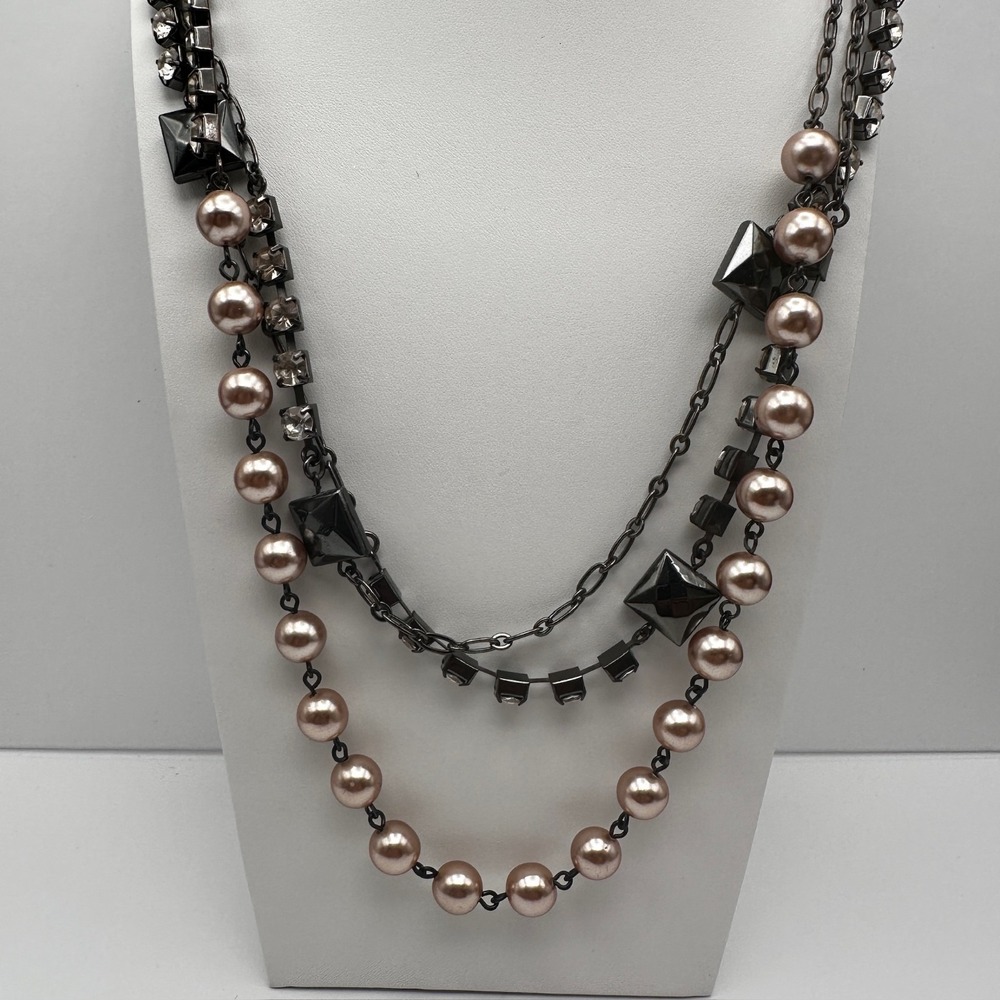 Vintage Y2K LOFT Multi-Strand Necklace Pink Faux Pearl Beads Tennis Rhinestone